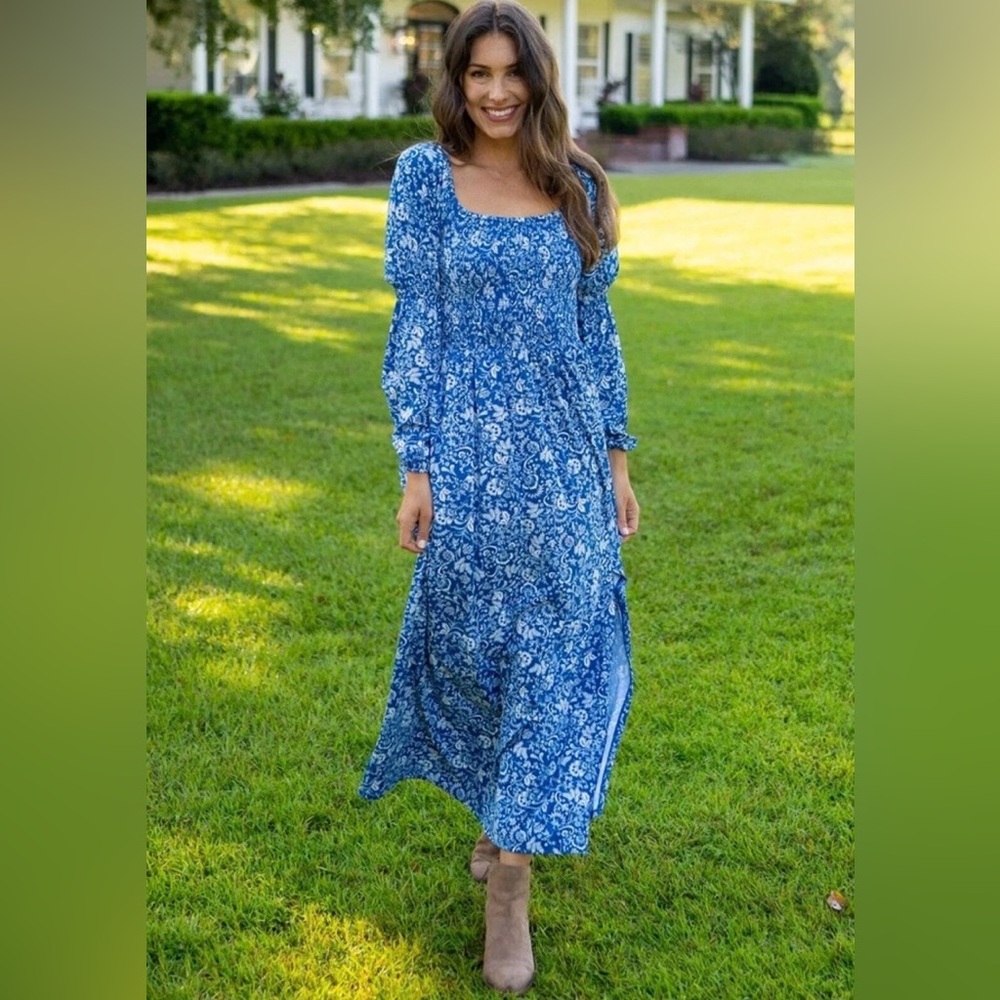 Cabana Life Aspen Puff Sleeve Blue Maxi Dress Sz Large Smocked Top Travel - Picture 16 of 16